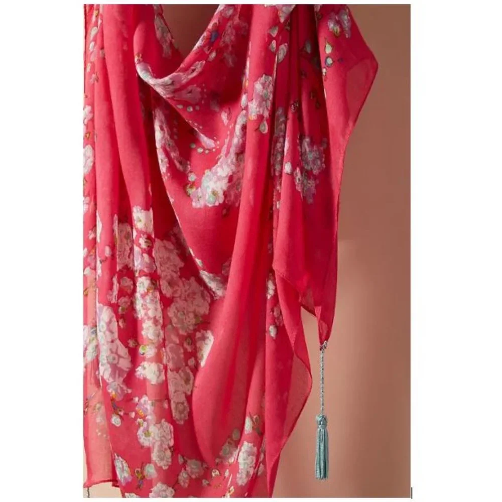 Anthropologie Everly Floral Scarf in Pink Motif with tassel ends - NWOT